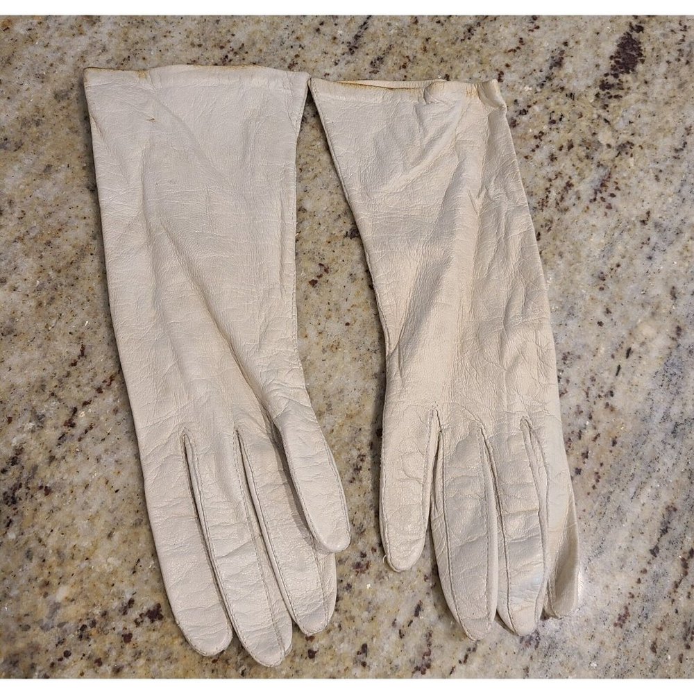 Vintage Size 6.5 S Beige Leather Silk Lined Formal Gloves 9.5" Long Italy